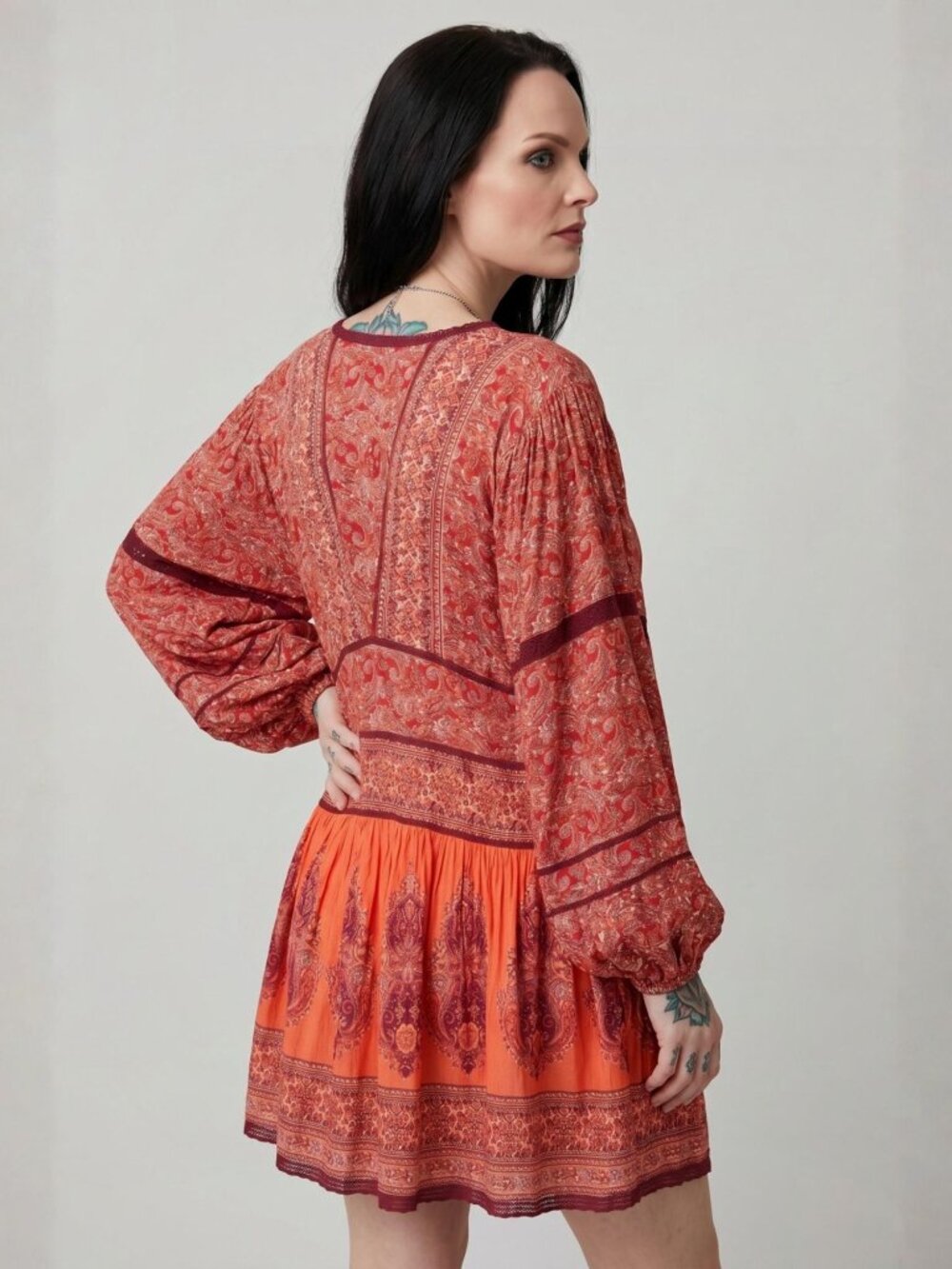 Free People ✦ Paisley Babydoll Tunic Dress ✦ Red Orange Oversized Boho Festival - Picture 7 of 13